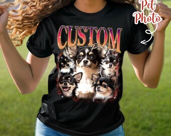 T-shirt personnalisé pour animal de compagnie avec photo et nom de l'animal | T-shirt personnalisé avec portrait d'animal de compagnie | T-shirt graphique personnalisé chien chat | Chemise de Noël | Chemise bouledogue