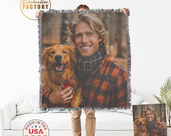 Custom Dog Mom Photo Woven Cotton Throw-Made in The USA + Matching Greeting Card Pack