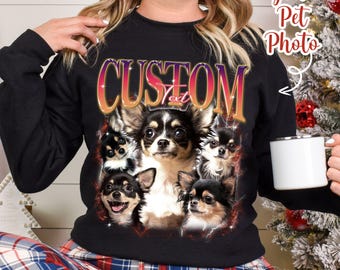 T-shirt personnalisé pour animal de compagnie avec photo et nom de l'animal | T-shirt personnalisé avec portrait d'animal de compagnie | T-shirt graphique personnalisé chien chat | Chemise de Noël | Chemise bouledogue