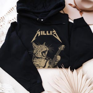 ロックアウト キティ キャットがギターを弾くシャツ、カスタム キャット ロッカー シャツ、おもしろいギター キャット T シャツ、猫好きにもロック好きにも