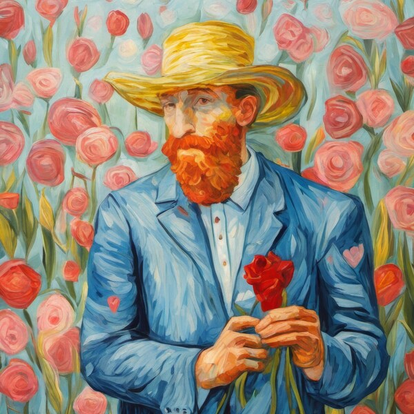 Gentleman of Roses, Van Gogh Inspiration, Romantic Floral Portrait, Blue Suit Red Rose, Artistic Valentine's Day, Love in Bloom Digital Art