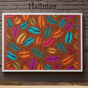 Puede incluir: Una impresión enmarcada de un patrón abstracto colorido con un diseño repetitivo de granos de café en varios tonos de azul, verde, naranja, rosa y amarillo sobre un fondo marrón.