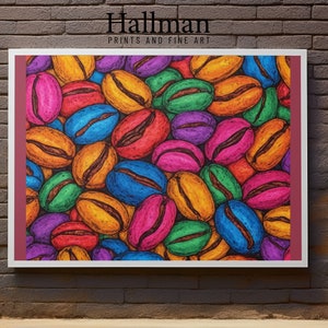 May include: A colorful illustration of coffee beans in various shades of pink, blue, green, orange, and purple. The beans are drawn in a detailed style, with visible lines and shading. The background is a solid burgundy color.