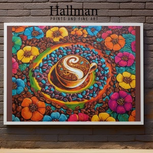 Peut inclure: Une peinture colorée d'une tasse de café avec une mousse en spirale sur le dessus. La tasse de café est entourée de grains de café et de fleurs dans des tons de jaune, orange, rose et bleu.