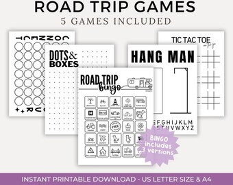May include: Five printable road trip games for kids: Connect the Dots, Dots and Boxes, Road Trip Bingo, Hangman, and Tic Tac Toe. The games are black and white and have a simple design.