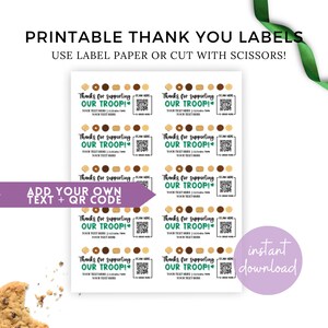 Pode incluir: Etiquetas de agradecimento imprimíveis com um design de biscoitos scout verdes e marrons com o texto "Obrigado por apoiar a nossa tropa!" e um código QR. As etiquetas são projetadas para serem usadas para a venda de biscoitos scout.