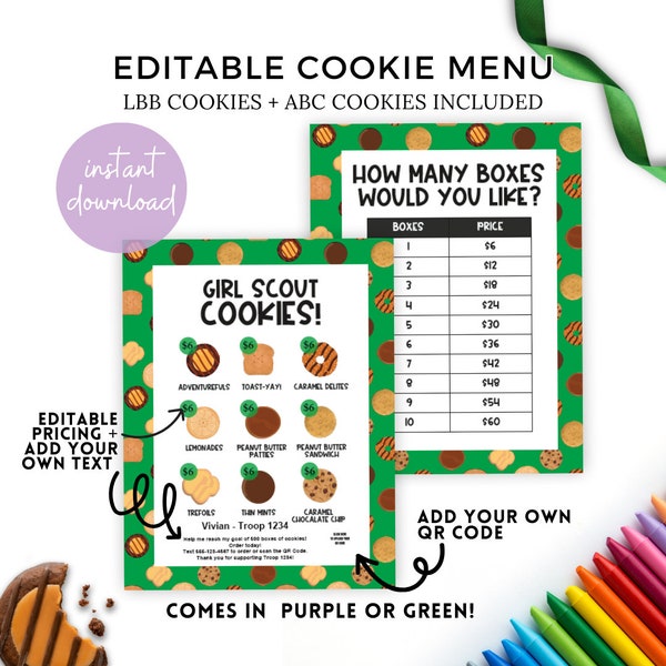 Girl Scout Cookie Flyer QR Code 2024 LBB Cookie + ABC Cookie Flyer Editable Girl Scout Booth Decorations Girl Scout Cookies Booth Sign Print