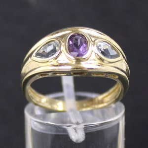 Multistone Gold Ring, blue topaz, amethyst, 585 yellow gold, 14K