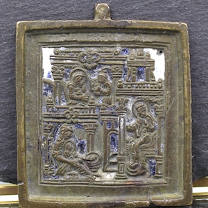 Antique Russian bronze icon, 19th century, blue enamel