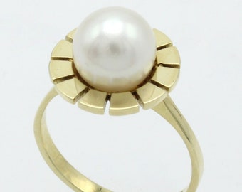 Akoyaperlen-Goldring aus 585er Gelbgold, 14 Karat (Vintage Akoya Pearl 14K Gold Ring)