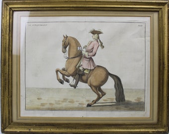 Grabado en color, L'art de monter a cheval, Francia 1733 (Raro Grabado en color, L'art de monter a cheval, Francia 1733)