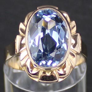 Antique Blue Topaz Gold Ring, Red Gold, 14k, France, 1940s