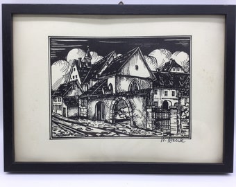 Woodcut by W. Plank, monastery building, hand-signed, Hypo-Bank