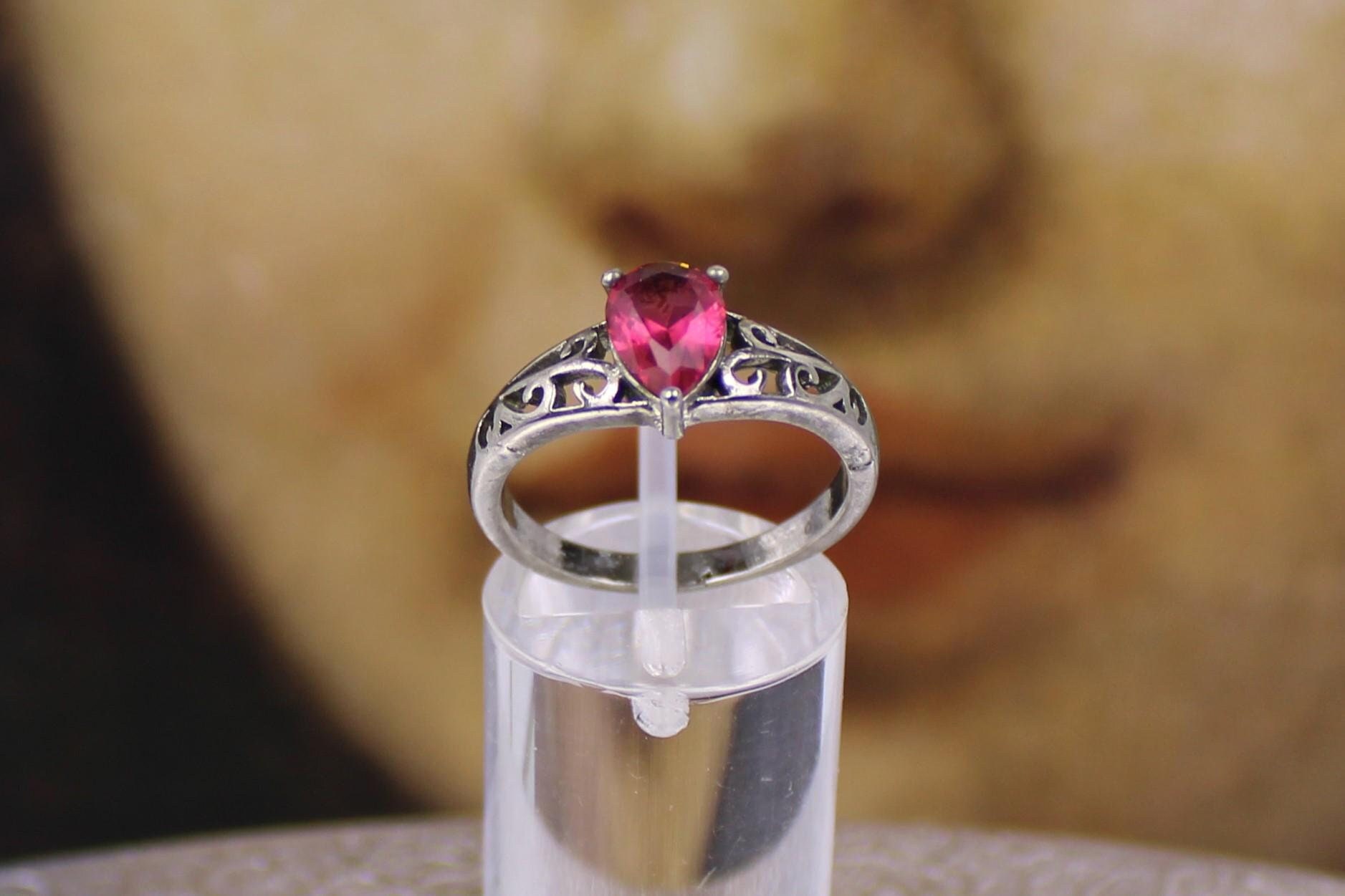 Bague Ancienne En Argent Massif 925 Sertie De Rubis - Taille 54, Style Cocktail - Occasion
