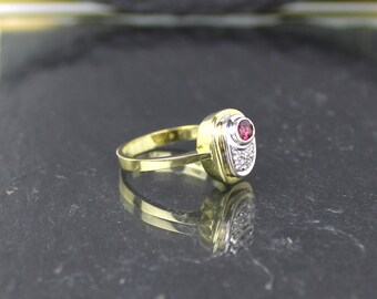 Bague En Or 14 Carats (585) Avec Rubis Et Diamant - Taille 53 Ajustable - Neuf Avec étiquettes
