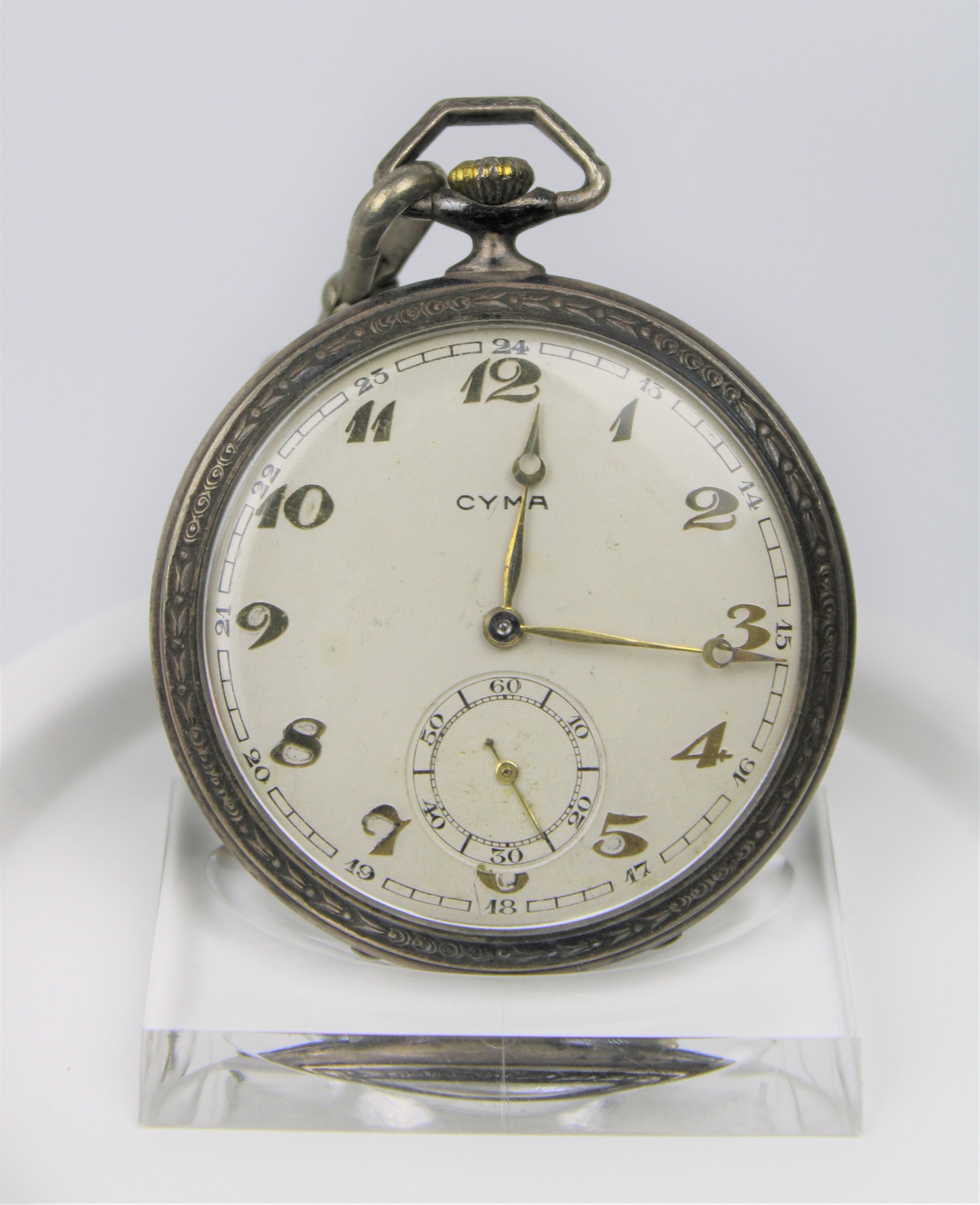 Antique Swiss Cyma Art Deco Silver Pocket Watch, 1920s, With Watch