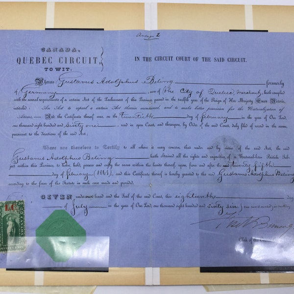 Seltene Einbürgerungsurkunde eines Deutschen nach Kanada, 1861 (Rare naturalization certificate from a German to Canada, 1861)