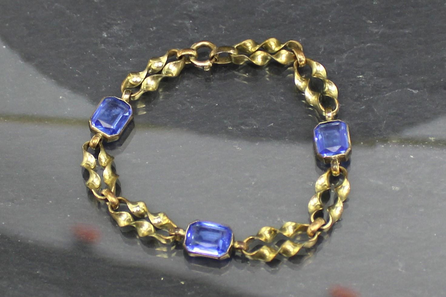 Bracelet Art Déco Années 30/40 Plaqué Or Avec Pierre Bleue - Longueur 17.5 Cm, Marque Favorit