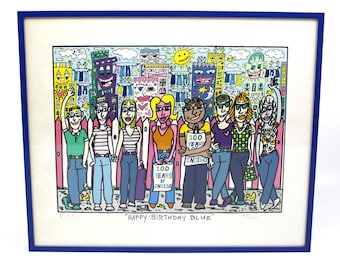 Rare lithograph, James Rizzi, Happy Birthday Blue, handsigned