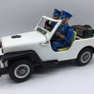 T.N Nomura, Police Patrol Jeep, Blechspielzeug, Japan 1950er (T.N Nomura, Police Patrol Jeep, tin toys, Japan 1950s)