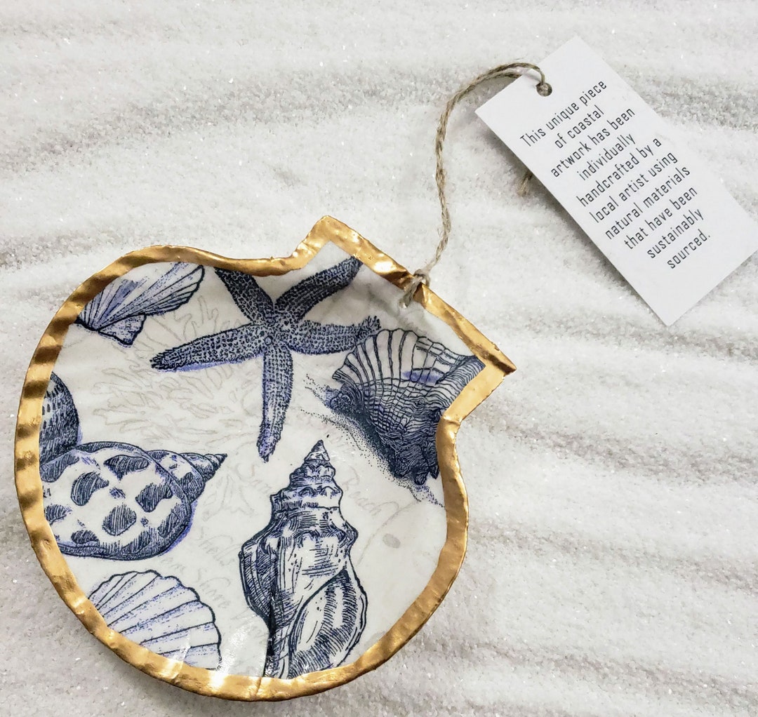 Decoupage Scallop Blue Seashell Damask Ornament Trinket Ring Dish ...