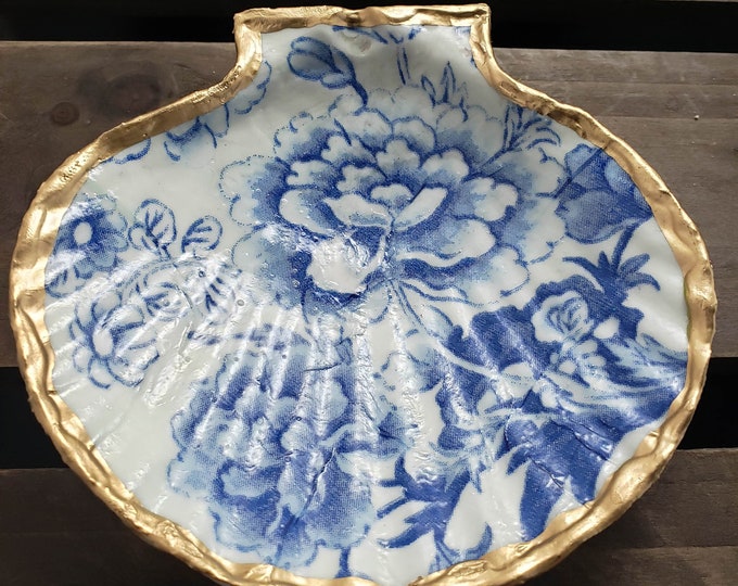Decoupage Shell, Large English Scallop Shell Trinket Dish Ornament ...