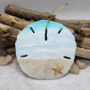 Hand Painted Real Sand Dollar Ornament, Sand Dollar Ornament Featuring Natural Starfish , Handmade Gift, Coastal Christmas, Shoreline Scene