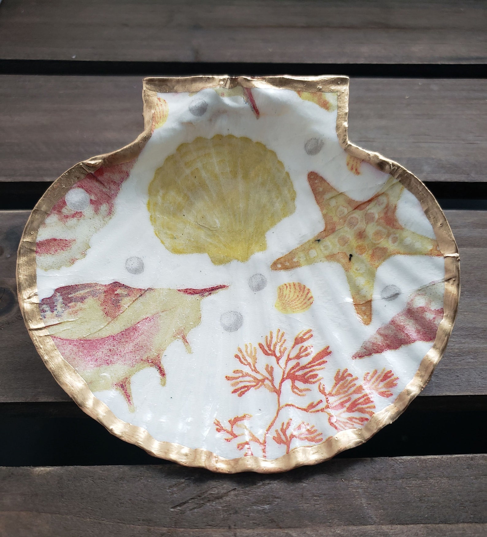 Decoupage Scallop Shell Ornament Trinket Ring Dish Large Etsy