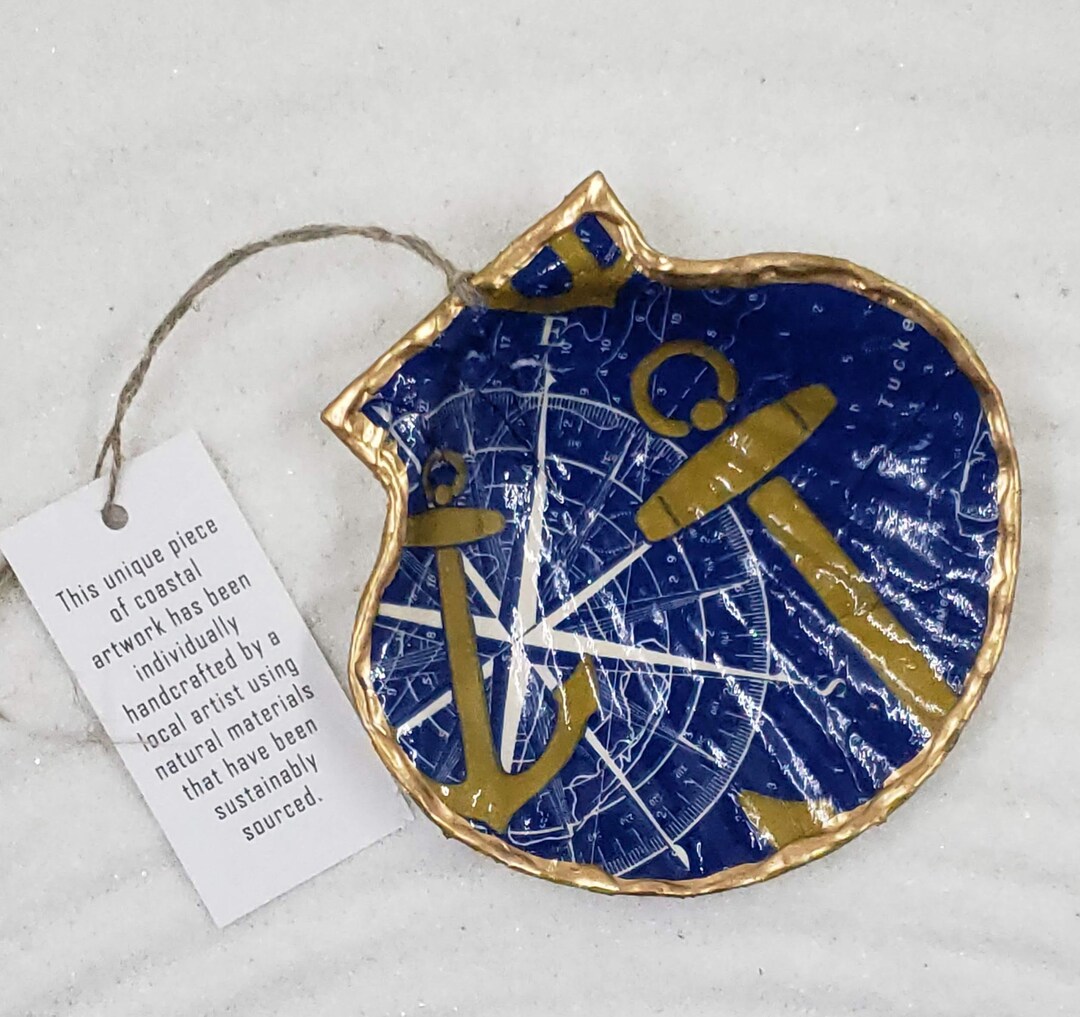 Decoupage Scallop Shell Blue Anchor Compass Ornament Trinket Ring Dish ...