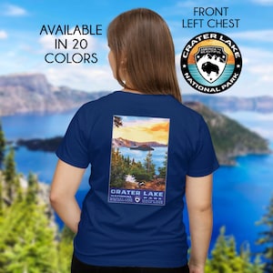 Crater Lake National Park Unisex T-Shirt with Retro Poster on the Back and Logo on the Front | Retro USA National Parks TShirt