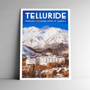 Plakat podróżniczy Telluride Vintage-Style - 8x10 - 12x18 - 18x24 - 24x36 / 4x6 Pocztówka WPA Style Ośrodek narciarski Narciarstwo Góry Kolorado Retro USA