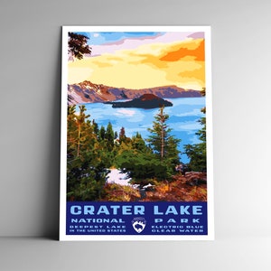Cartel de viaje de estilo vintage del Parque Nacional Crater Lake / Postal / Pegatina / Imán Retro WPA Estilo Oregon EE. UU. Impresión de arte Decoración de arte de pared