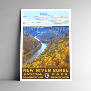 Cartel de viaje de estilo vintage del Parque Nacional New River Gorge / Postal / Pegatina / Imán Retro WPA Estilo West Virginia USA Art Print Bridge