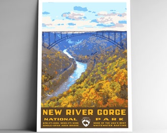 Poster/carte postale/autocollant/aimant de voyage de style vintage dans le parc national de New River Gorge, style rétro WPA, Virginie-Occidentale, États-Unis, impression d'art pont