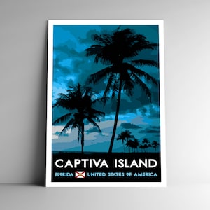 Captiva Island Florida Vintage-Stil Reiseposter - 8x10 - 12x18 - 18x24 - 24x36 / 4x6 Postkarte WPA Style State Palmen USA Kunstdruck