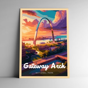 Póster de viaje de estilo vintage del Parque Nacional Gateway Arch / Postal / Pegatina / Magnet Designer Series Missouri USA Art Print Wall Art