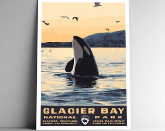 Glacier Bay National Park Vintage-Style Travel Poster / Postcard / Sticker / Magnet Retro WPA Style Alaska USA Killer Whale Orca Art Print