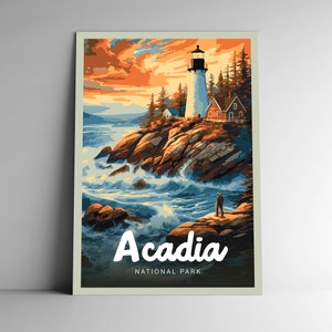 Affiche de voyage/carte postale/autocollant/aimant de voyage de style vintage Parc national d'Acadia, série Design Maine USA, impression d'art, art mural, États-Unis