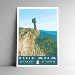 Cartel de viaje de estilo vintage estilo WPA de Cheaha State Park - 8x10 12x18 18x24 24x36 / 4x6 Postal Alabama Pulpit Rock USA Retro US Art Print
