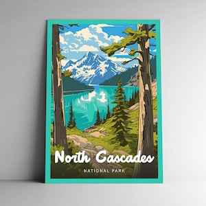 Affiche de voyage de style vintage du parc national des North Cascades/carte postale/autocollant/aimant série design Washington USA impression d'art art mural