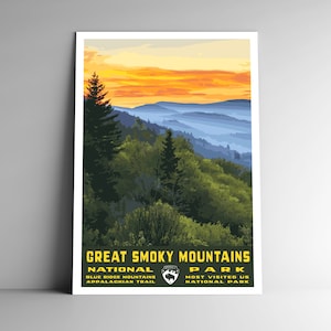 Poster de voyage de style vintage du parc national des Great Smoky Mountains/carte postale/autocollant/aimant style rétro WPA Tennessee NC Etats-Unis Impression artistique