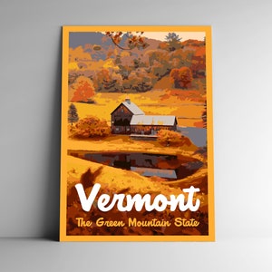 Vermont: Poster di viaggio in stile vintage The Green Mountain State / Cartolina / Adesivo / Magnete Stile WPA retrò I nostri Cinquanta Stati Stampa Wall Art