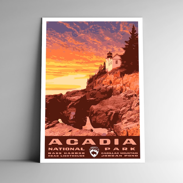 Acadia National Park Vintage-Style Travel Poster / Postcard / Sticker / Magnet Retro WPA Style Maine Lighthouse USA Art Print Wall Art