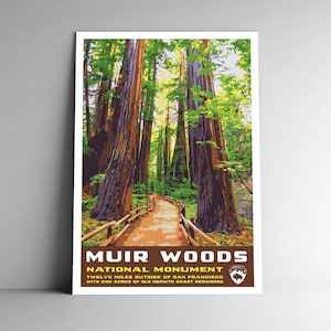 Monumento Nacional Muir Woods Estilo WPA Poster de viagens estilo vintage - 8x10 - 12x18 - 18x24 - 24x36 / 4x6 Cartão postal Califórnia EUA Impressão artística
