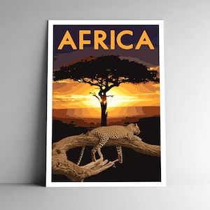 Afrique WPA Style vintage-Style Travel Poster - 8x10 - 12x18 - 18x24 - 24x36 / 4x6 Carte postale Leopard Sunset Savannah Tree Retro Art Print