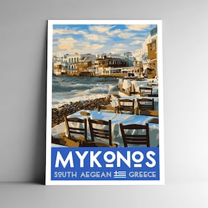 Mykonos Griechenland WPA Style Vintage-Style Reise Poster - 8x10 - 12x18 - 18x24 - 24x36 / 4x6 Postkarte Restaurant Griechische Inseln Retro Art Print