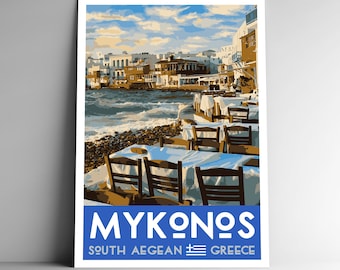 May include: A colorful illustration of a seaside restaurant in Mykonos, Greece. The image features white tables and chairs set up on a sandy beach with a view of the Aegean Sea. The text "Mykonos" is displayed in white letters on a blue background, with the words "South Aegean" and "Greece" below.