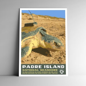 Pôster de viagem em estilo vintage da Ilha Padre Island National Seashore - 8x10 - 12x18 - 18x24 - 24x36 / 4x6 Cartão postal estilo WPA Texas EUA Retro Art Print