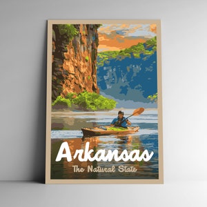 Arkansas: El cartel de viaje de estilo vintage del estado natural / postal / pegatina / imán estilo retro WPA Nuestros cincuenta estados 50 EE. UU. Imprimir arte de pared