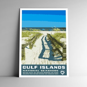 Pôster de viagem estilo vintage da costa nacional das Ilhas do Golfo - 8x10 - 12x18 - 18x24 - 24x36 / 4x6 Cartão postal estilo WPA Mississippi EUA impressão artística
